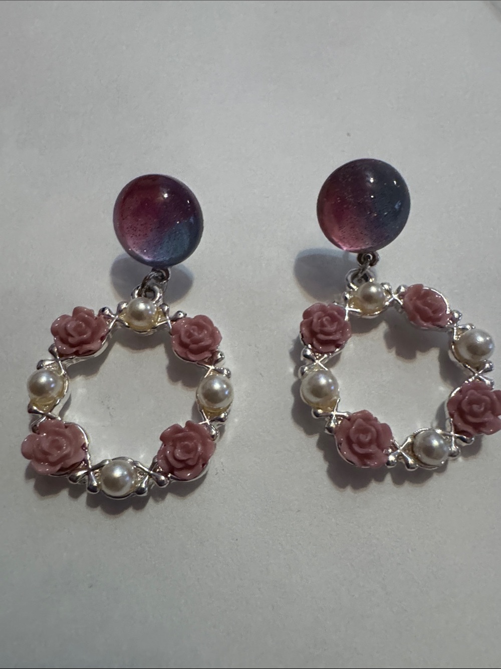 Pink Rose Hoop Drop Earrings with Pearl Accents by
